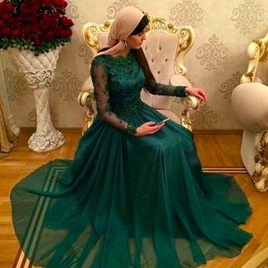 Emerald Green Long Sleeve Lace Bodice A Line Chiffon Dress